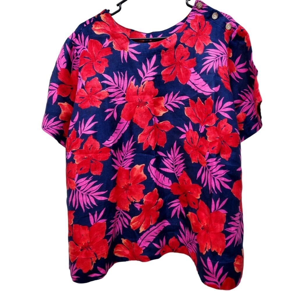 LANDS' END Linen Floral Short Sleeve Top Size 1X (16W–18W) Tropical Print